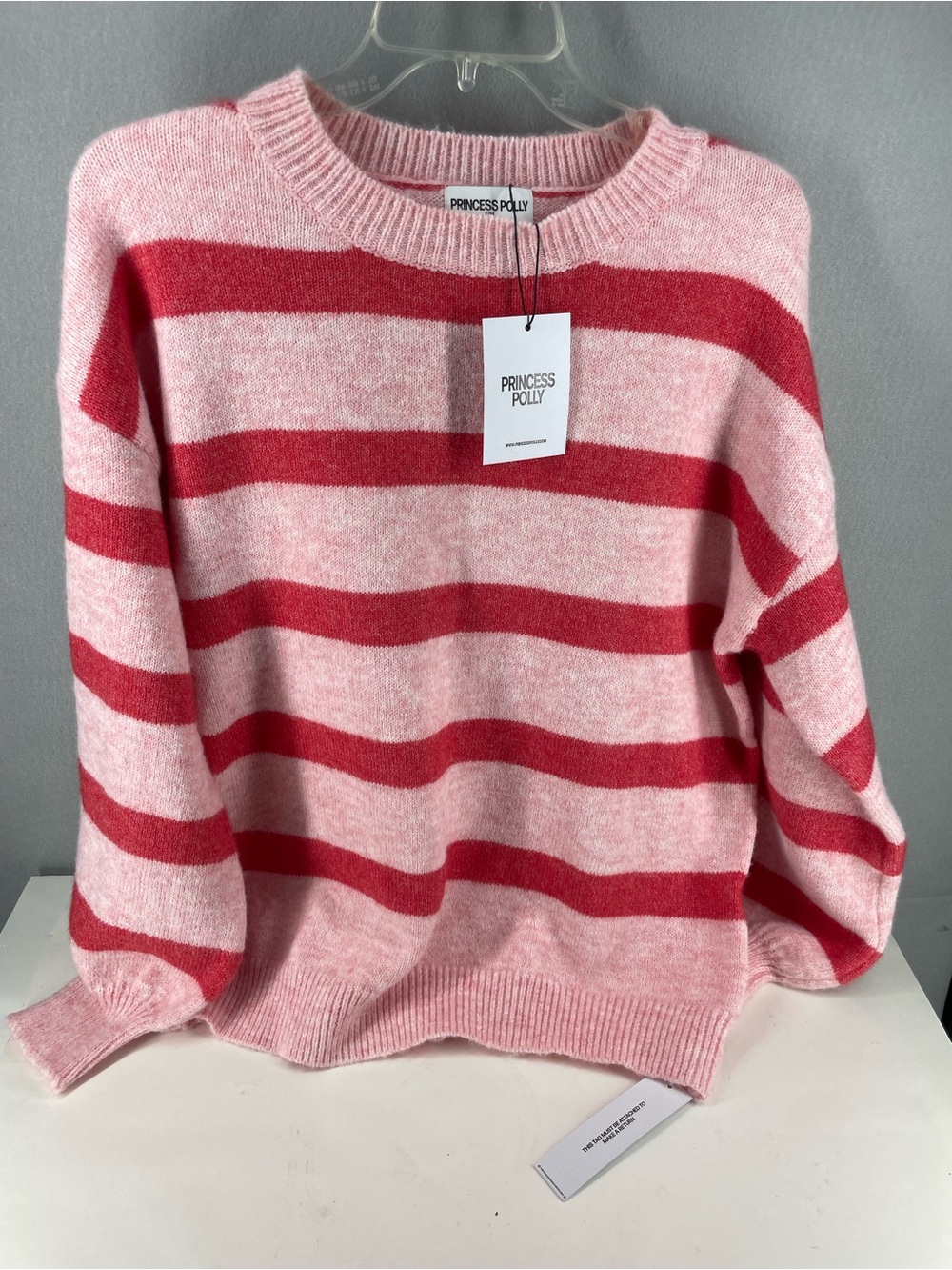 Princess Polly Pink Red Striped Oversize Sweater S/M Balloon Sleeve Crewneck NWT
